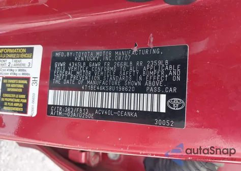 2008 Toyota Camry Le из США, поврежденный, VIN 4T1BE46K58U198620